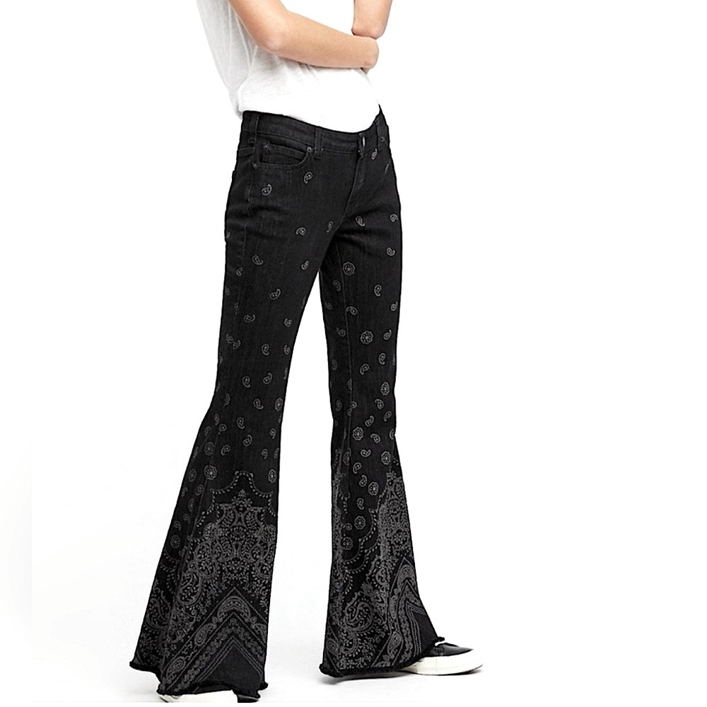 FREE PEOPLE Black Bandana Super Flare Jeans - Picture 4 of 14